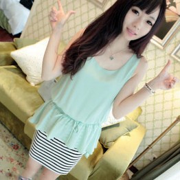 TE6149YZS Korean fashion chiffon stripes splicing fake two piece dress