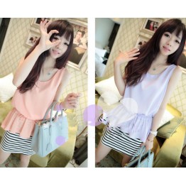 TE6149YZS Korean fashion chiffon stripes splicing fake two piece dress