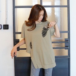 TE6168YZS Fashion holes irregular short sleeve T-shirt