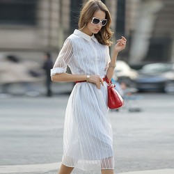 TE6366LDYZ Europe fashion stripes three quarter sleeve long dress grey