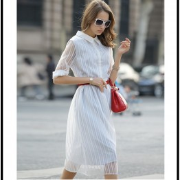 TE6366LDYZ Europe fashion stripes three quarter sleeve long dress grey