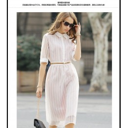 TE6366LDYZ Europe fashion stripes three quarter sleeve long dress pink