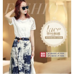 TE7833XH Korean fashion lace slim tops with print skirt