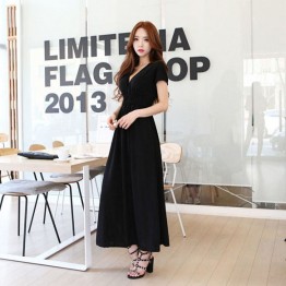 TE1003 Korean fashion v-neck slim short sleeve maxi dress