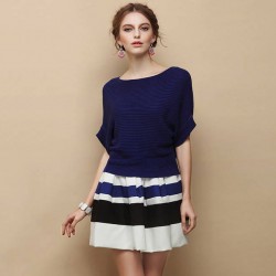 TE2536HY New style England style loose batwing sleeve knitting tops with stripes skirt