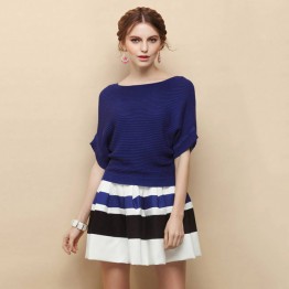 TE2536HY New style England style loose batwing sleeve knitting tops with stripes skirt