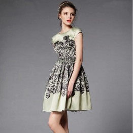 TE2560HY Europe fashion top quality vintage round neck print slim wide hem dress