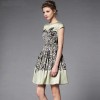 TE2560HY Europe fashion top quality vintage round neck print slim wide hem dress