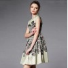 TE2560HY Europe fashion top quality vintage round neck print slim wide hem dress