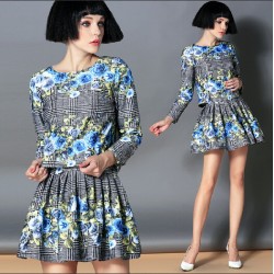 TE2591HY European fashion lattice flowers print long sleeve tops with pantskirt