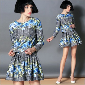 TE2591HY European fashion lattice flowers print long sleeve tops with pantskirt