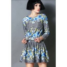 TE2591HY European fashion lattice flowers print long sleeve tops with pantskirt