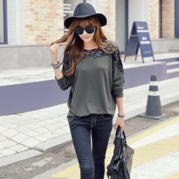 TE9035ATSS Lace hollow out bowknot back loose T-shirt