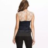 TE035HES Europe fashion hollow out lace splicing forked tail hem slim tops dark blue