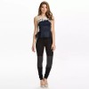 TE035HES Europe fashion hollow out lace splicing forked tail hem slim tops dark blue