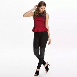 TE035HES Europe fashion hollow out lace splicing forked tail hem slim tops red