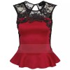 TE035HES Europe fashion hollow out lace splicing forked tail hem slim tops red