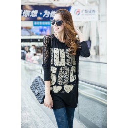 TE10022TT Letters Printing Lace Shoulder Large Size T-shirt