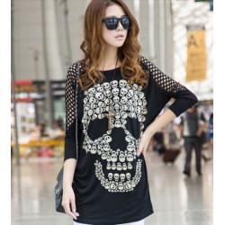 TE10023TT Korean Style Skull Printing Hollow out Shoulder Large Size T-shirt