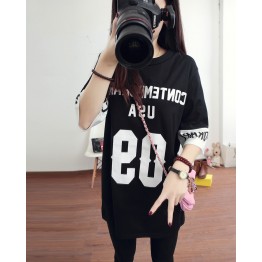 TE1075 New style splicing letter print loose long T-shirt