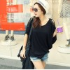 TE1238 Korean loose lace shoulder batwing sleeve T-shirt