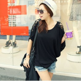 TE1238 Korean loose lace shoulder batwing sleeve T-shirt