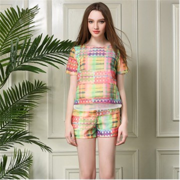 TE2606NS Europe fashion chiffon print casual tops with shorts two pieces suit