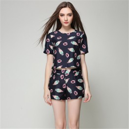 TE2608NS Europe fashion print slim tops with shorts two pieces suit