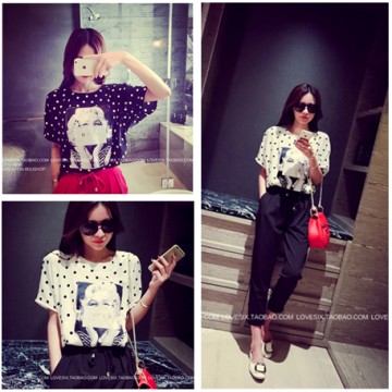 TE2635MZY Europe fashion joker dot chiffon T-shirt