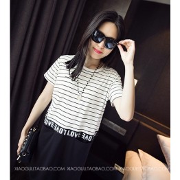 TE2649MZY Korean fashion slim stripes splicing letters print short sleeve dress