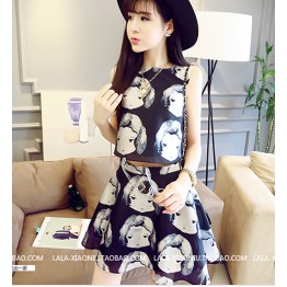 TE2652 Doll face print sleeve top with skirt