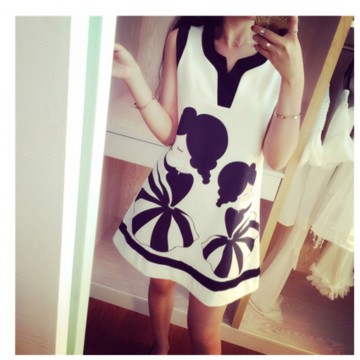 TE2671 V-neck print splicing slim sleeveless dress