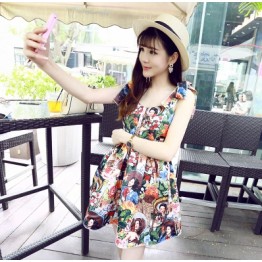 TE376 Fashion style colored portrait print slim waist dress