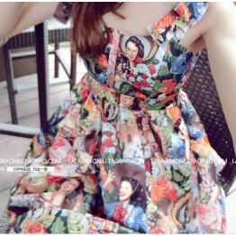 TE376 Fashion style colored portrait print slim waist dress