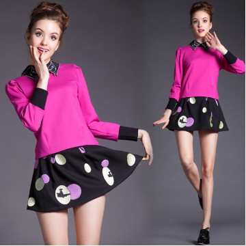 TE5812NS Embroidery cat doll collar long sleeve tops with dot skirt