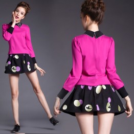 TE5812NS Embroidery cat doll collar long sleeve tops with dot skirt