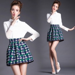 TE5816NS POLO collar lace splicing long sleeve shirt with print skirt