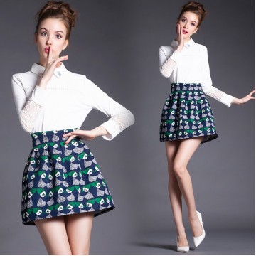 TE5816NS POLO collar lace splicing long sleeve shirt with print skirt