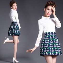 TE5816NS POLO collar lace splicing long sleeve shirt with print skirt