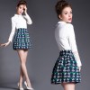TE5816NS POLO collar lace splicing long sleeve shirt with print skirt