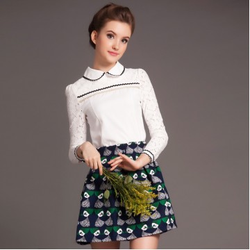 TE5818NS Lace splicing doll collar long sleeve shirt with print skirt