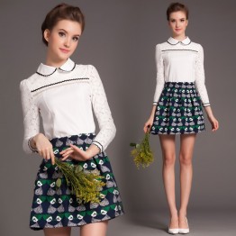 TE5818NS Lace splicing doll collar long sleeve shirt with print skirt