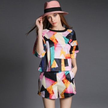 TE5826NS Personality trendy contact color geometry pattern tops with shorts