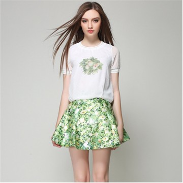TE5833NS Europe fashion print short sleeve tops with shivering skirt two pieces suit