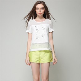 TE5835NS Hollow out grenadine splicing chiffon shirt with casual straight shorts