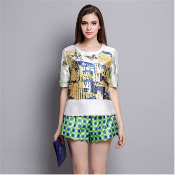 TE5841NS Print short tops with dot casual wide leg shorts