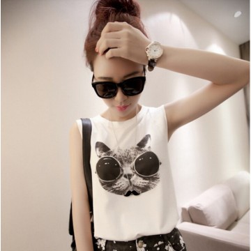 TE6091XPG Trendy sunglasses cat print sleeveless vest