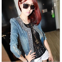 TE6092A Vintage rhinestone sequins long sleeve denim coat