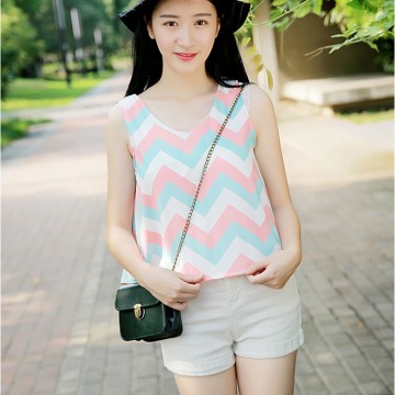 TE6113XPG Fresh wave pattern chiffon sleeveless tops