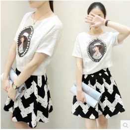 TE6393LDYZ Europe fashion print beads jacquard tops with wave pattern skirt